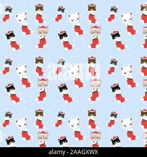 Seamless Christmas pattern with cute cartoon cats in socks. Stock Vector