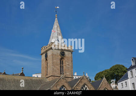 The Town Church is also known as the Parish Church of St Peter Port in Guernsey during Sunny day with blue sky. Stock Photo