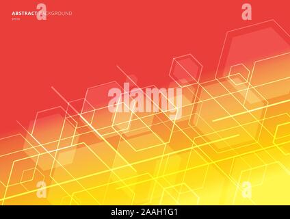 Abstract technology concept geometric hexagon with lines diagonal on red and yellow background. Vector illustration Stock Vector