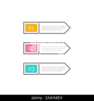 Three steps, color buttons with numbers 1, 2, 3 and text in outline frame. Right arrows. Infographic design element, vector illustration. Stock Vector