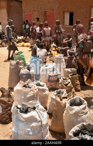 Ethiopia, South Omo, Turmi, weekly market, sacks of charcoal for sale Stock Photo