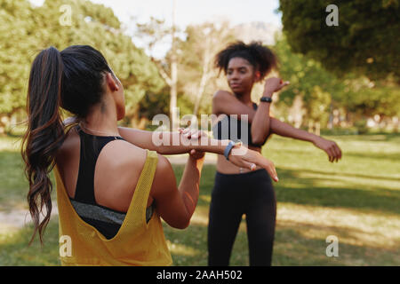 Two sporty fitness young diverse female friends stretching their muscles in park on a summers day - two friends working out together