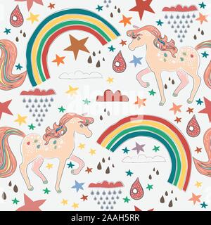 Seamless Terracotta pattern with Unicorns and rainbows. Repeating pattern. Childish Design. Vector Illustration Stock Vector