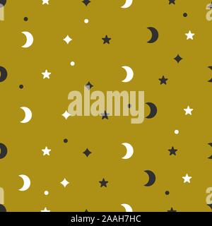 Christmas seamless pattern with moon, stars and dots, vector gold holiday background, golden baby print Stock Vector