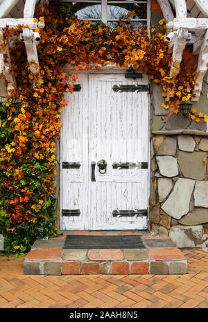 antique white wooden door framed by yellow autumn foliage in the city, with surveillance cameras Stock Photo