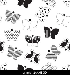 Batterfly, vector seamless pattern for textile, fabric, geometric black and white background with butterfly Stock Vector