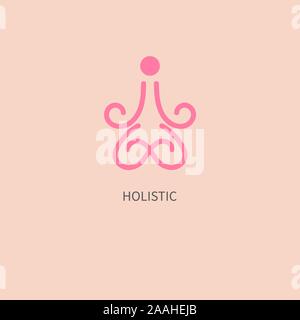 Holistic logo, abstract line hand drawn man in lotus position, yoga icon, health symbol, vector sign Stock Vector