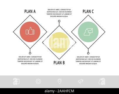 Vector template infographics. Business concept with 3 circles and rhombus. Three steps for content, flowchart, timeline, levels, marketing Stock Vector