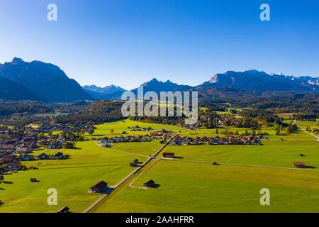 Community Krun off Karwendel Mountains and Wetterstein range, aerial view, Werdenfelser Land, Upper Bavaria, Bavaria, Germany Stock Photo