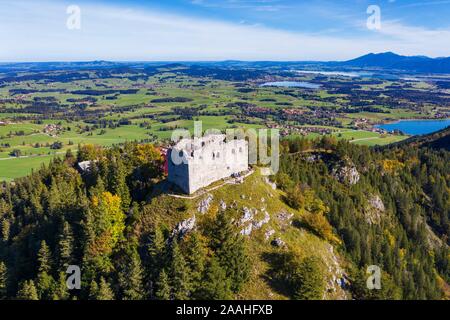 View on castle ruin Falkenstein with surroundings, near Pfronten, Ostallgau, Allgau, aerial view, Swabia, Bavaria, Germany Stock Photo