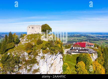 View of Falkenstein Castle Ruin and Falkenstein Castle Hotel, near Pfronten, Ostallgau, Allgau, aerial view, Swabia, Bavaria, Germany Stock Photo
