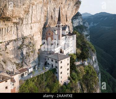 Aerial view, mountain church on the slope, Madonna della Corona, chapel near Spiazzi, Ferrara di Monte Baldo, province Verona, Veneto, Northern Stock Photo