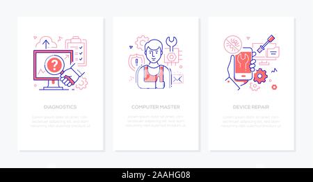 Computer service - line design style banners set Stock Vector