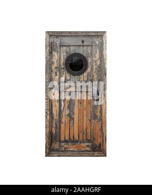 Vintage weathered wooden door with porthole window isolated on white background Stock Photo