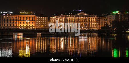 Geneva, Switzerland - November 24, 2016: Night city view with illuminated facades in central district of Geneva Stock Photo