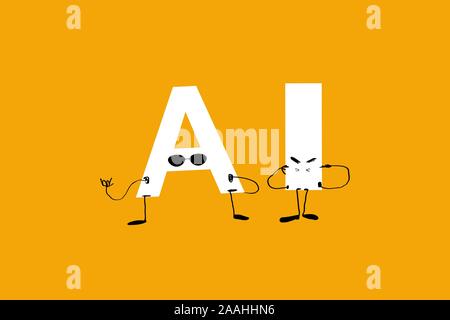 Artificial intelligence, a funny humanized acronym with faces. AI white letters on yellow background. Stock Vector