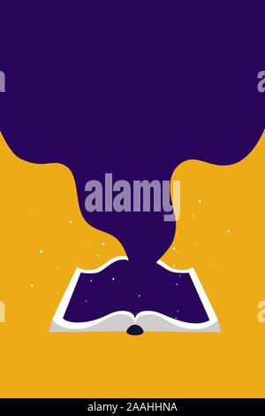 Universe inside the book, concept of education and training. Open book on orange background. Science fiction or educational books. Stock Vector
