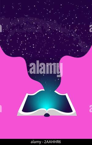 Universe inside the book, concept of education and training. Open book on pink background. Science fiction or educational books. Stock Vector