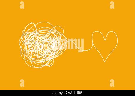 Problem solving in love relationships, family psychology concept. From a tangle of problems to a flat heart symbol, a simple linear pattern. Stock Vector