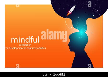 Profile of a young man with mental activity brain and consciousness, with the cosmos as a brain. scientific concept. brain and creativity. Stock Vector