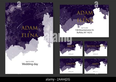 Set templates. Poster, invitations, Seating cards. Wedding, decor elements for celebration. Romantic theme of starry sky and universe. Stock Vector