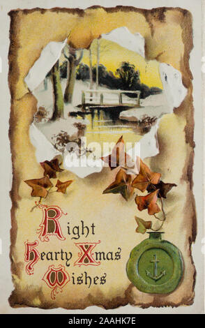 Vintage Christmas post card mailed ca 1910 in New York USA, old parchment style illustration with winter landscape ivy and Right hearty Xmas wishes Stock Photo