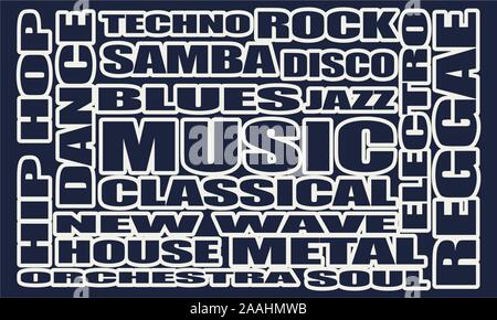 main music genres clouds list outline tags Stock Vector