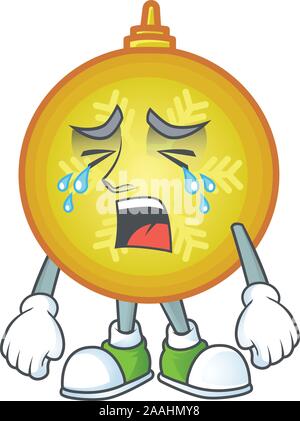 Sad crying yellow christmas ball cartoon style. Stock Vector