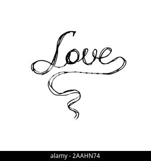 Word Love. Hand drawing sketch for Valentine's Day. Black outline can be printed on textile, wallpaper, wrapping paper, greeting cards, used in logo, banner, landing page. Vector Illustration. EPS10 Stock Vector