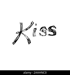 Word Kiss. Hand drawing sketch for Valentine's Day. Black outline can be printed on textile, wallpaper, wrapping paper, greeting cards, used in logo, banner, landing page. Vector Illustration. EPS10 Stock Vector