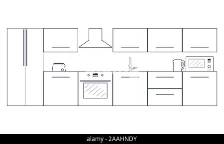 Abstract kitchen modern interior. Thin line style illustration Stock Vector