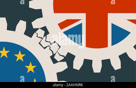 Image relative to politic situation between great britain and european union. Politic process named as brexit. Mechanism of Gears. Broken teeth Stock Vector