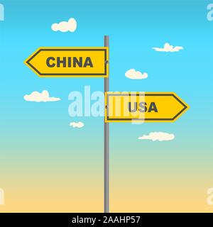 Road signs with USA and China text pointing in opposite directions. Image relative to politic situation between USA and China. Stock Vector