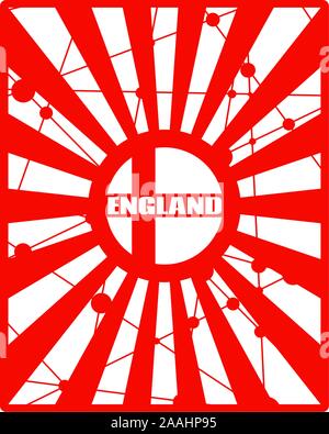 England national flag on sunburst background. Card template for national holiday celebration. Red and white rays textured by lines with dots. Stock Vector
