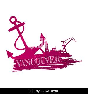 Anchor, lighthouse, ship and crane icons on brush stroke. Calligraphy inscription. Vancouver city name text. Connected lines with dots. Stock Vector