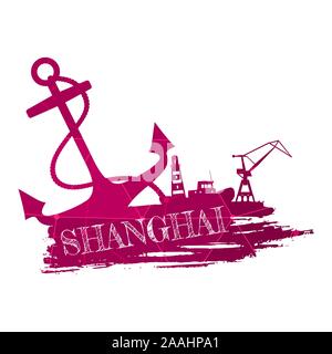 Anchor, lighthouse, ship and crane icons on brush stroke. Calligraphy inscription. Shanghai city name text. Connected lines with dots. Stock Vector