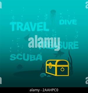 Cartoon underwater landscape with jellyfish and sunken ship on ocean ...