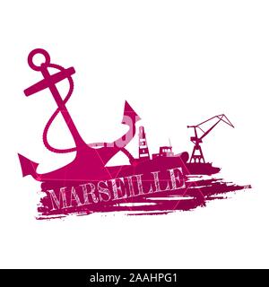 Anchor, lighthouse, ship and crane icons on brush stroke. Calligraphy inscription. Marseille city name text. Connected lines with dots. Stock Vector