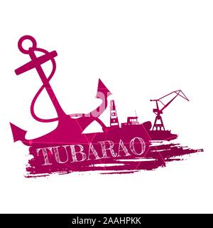 Anchor, lighthouse, ship and crane icons on brush stroke. Calligraphy inscription. Tubarao city name text. Connected lines with dots. Stock Vector