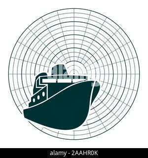 Ferry boat icon in thin line style on radar display. Stock Vector