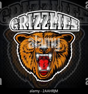 Beast bear face from the front view with bared teeth. Logo for any sport team grizzlie Stock Vector