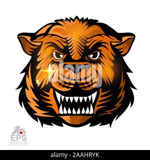 Cat face from the front with bared teeth isolated on white. Logo for any sport team tigers Stock Vector