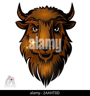 Buffalo head with horns isolated on white. Logo for any sport team bisons Stock Vector