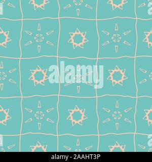 Modern blush pink star and sun tribal shapes in geometric doodle grid design. Seamless vector pattern on aqua blue background. Great for wellness, spa Stock Vector