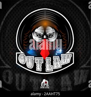 Man face covered with a handkerchief and big cowboy hat. Logo for any sport team outlaw Stock Vector