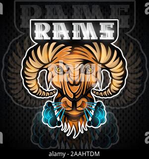 Ram face in profile with steam from the nostrils. Logo for any sport team or championship Stock Vector