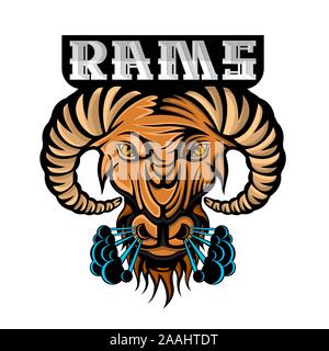 Ram face in profile with steam from the nostrils isolated on white. Logo for any sport team or championship Stock Vector