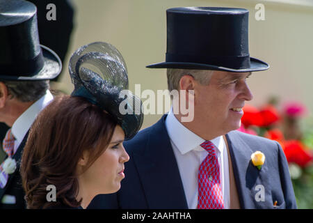 Royal Family, Ladies Day, Royal Ascot, Ascot Racecourse, Berkshire, UK. 18th June, 2015. Prince Andrew, the Duke of York with daughter Princess Eugenie of York in the Parade Ring at Royal Ascot. Credit: Maureen McLean/Alamy Stock Photo