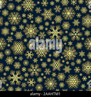 Snowflakes Pattern Seamless on Blue Background. Golden snow falling Stock Vector