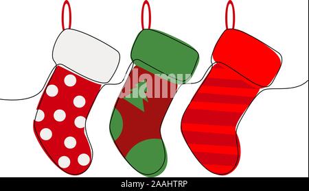 Beautiful continuous line Christmas socks design. Vector illustration Stock Vector